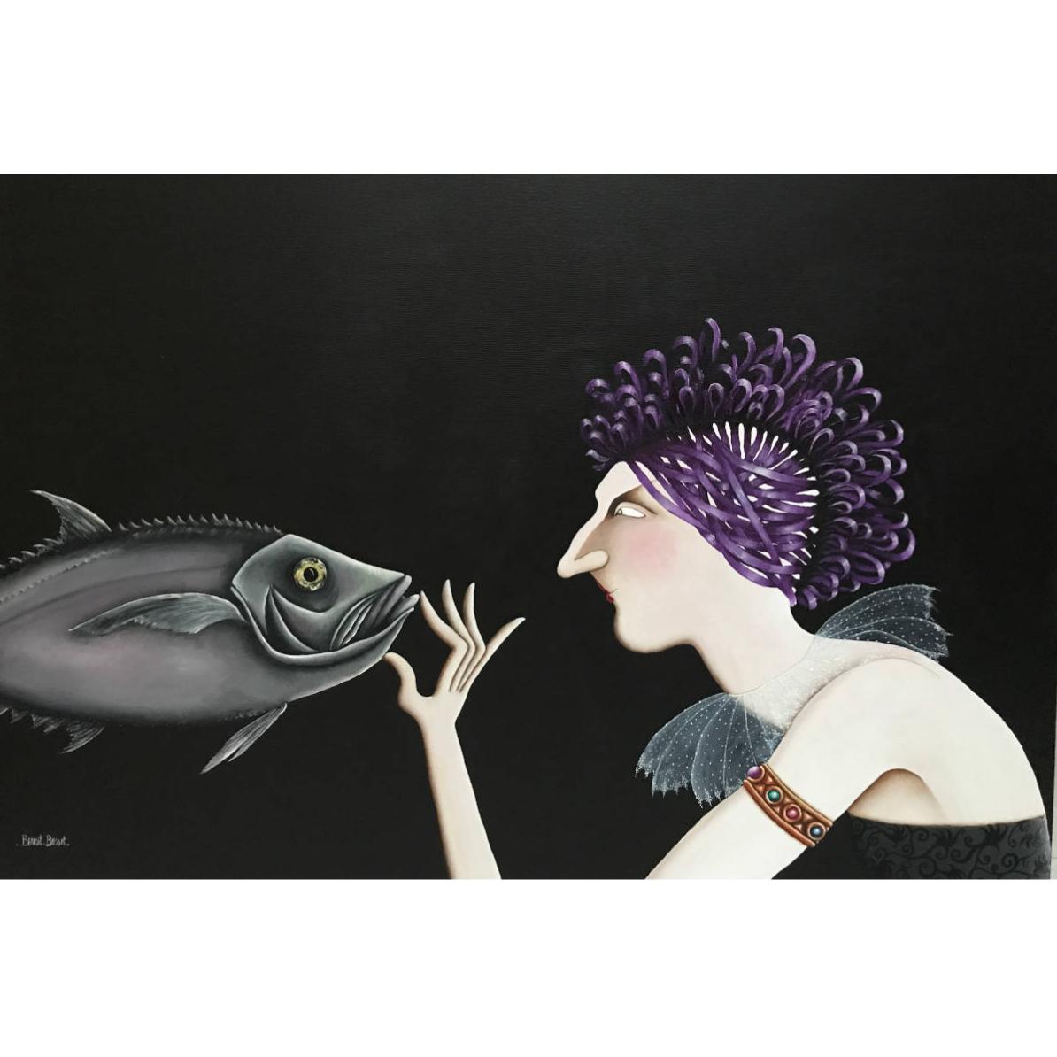 Coiffure enrubannée et poisson étonné