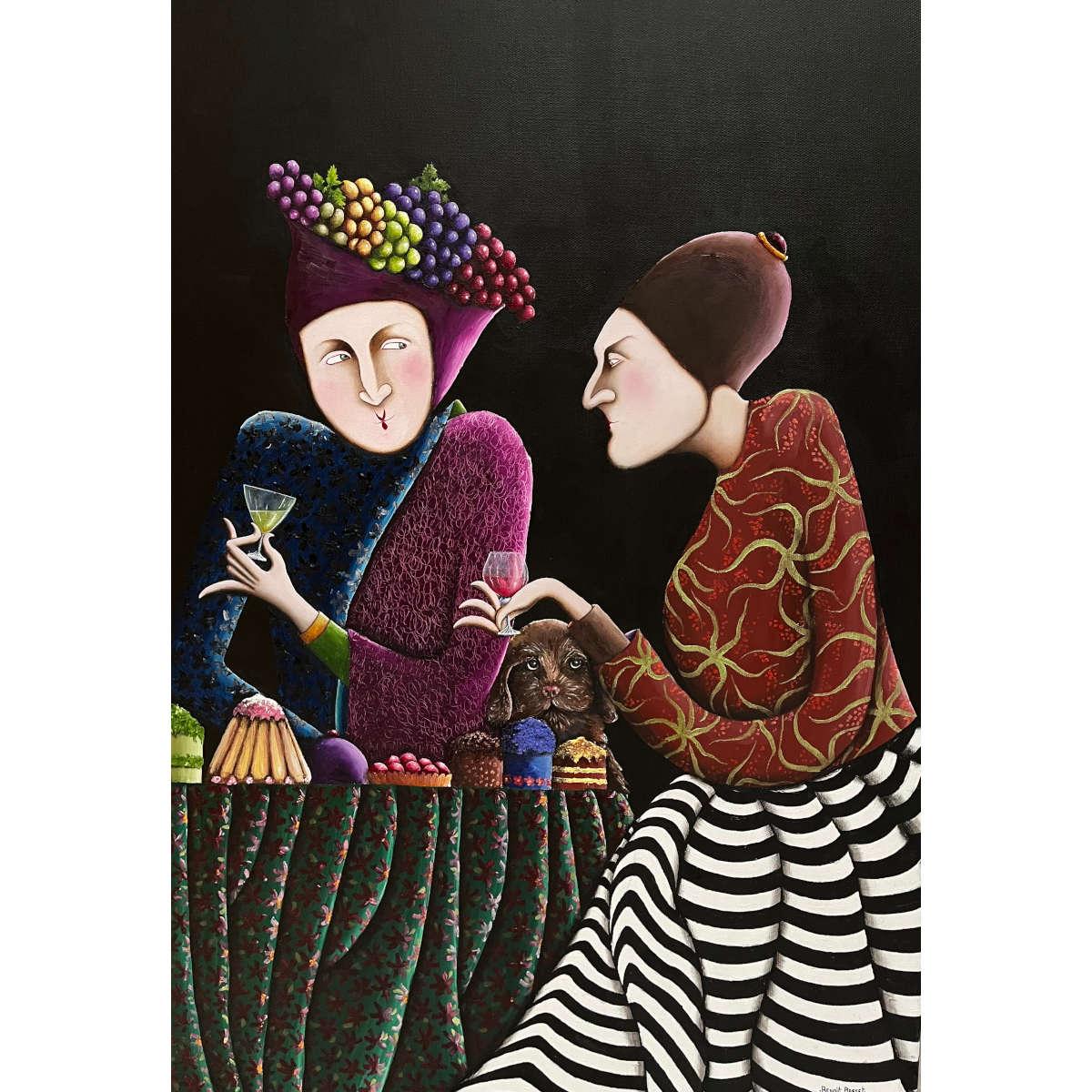 Le petit chien derrière les gâteaux