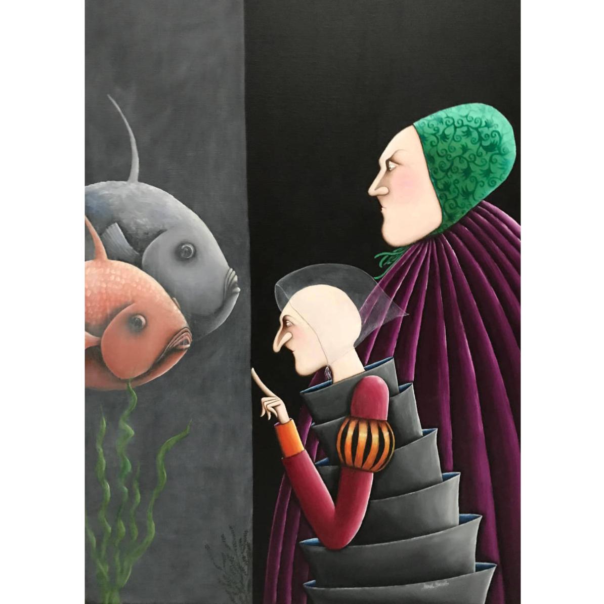 Poissons et petit personnage élégant